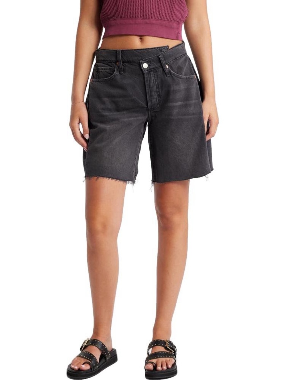Free People We The Free Boomerang High Rise Long Denim Shorts Charcoal 25 NEW